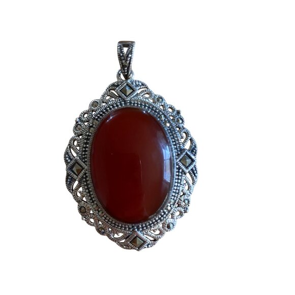 Vintage 925 Sterling Silver & Carnelian Pendant Oval Filigree Design Thailand Ha - Picture 12 of 12